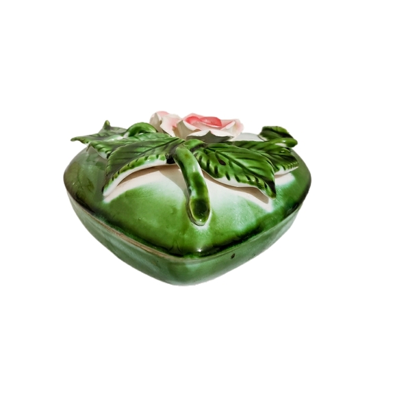 VTG Royal Sealy Japan Heart Trinket Dish Green Pink Roses CottageCore Decor - Picture 3 of 8
